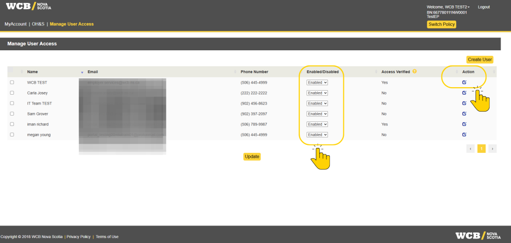 Screenshot of WCB user-management page for managing user access. Table lists users, blurred email details, phone numbers, enabled/disabled status, access verified values, action links, plus Create User and Update buttons.