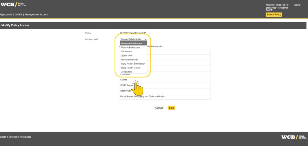 Screenshot of WCB policy-access administration webpage, showing Modify Policy Access form for selecting a policy and assigning an access level. 