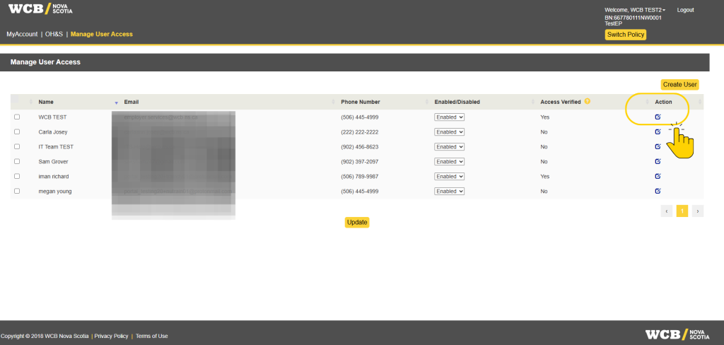 Screenshot of WCB user-management page for managing user access. Table lists users, blurred email details, phone numbers, enabled/disabled status, access verified values, action links, plus Create User and Update buttons.