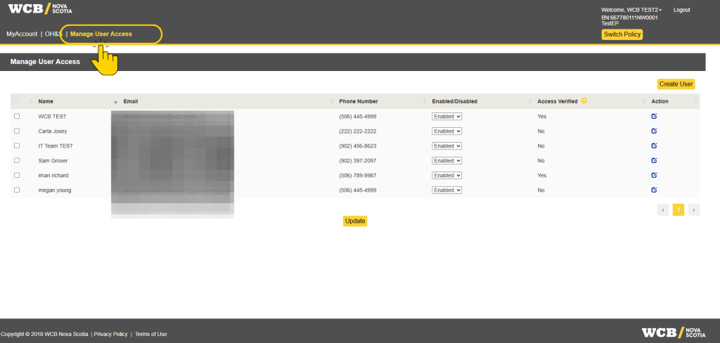 Screenshot of WCB user-management page for managing user access. Table lists users, blurred email details, phone numbers, enabled/disabled status, access verified values, action links, plus Create User and Update buttons.