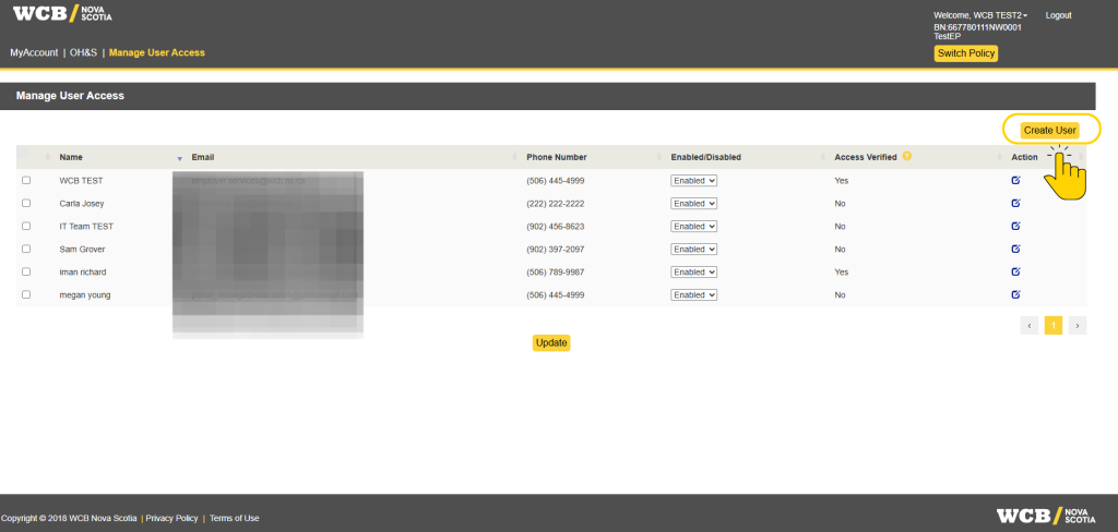 Screenshot of WCB user-management page for managing user access. Table lists users, blurred email details, phone numbers, enabled/disabled status, access verified values, action links, plus Create User and Update buttons.