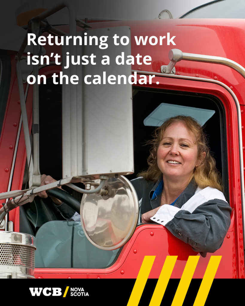 Pictured is a woman truck driver smiling behind the wheel of her truck.