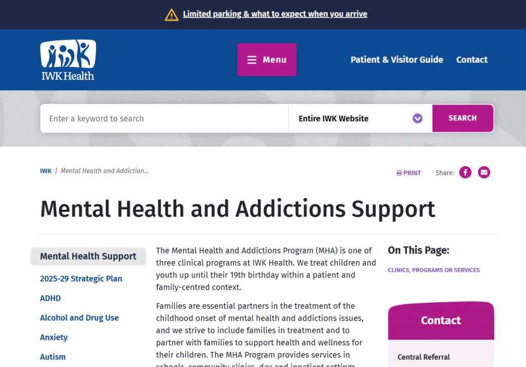 Screenshot of IWK mental health resource webpage