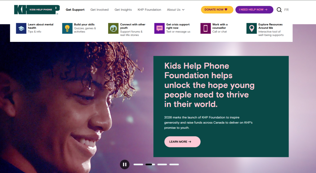 Screenshot of the website Kids Help Phone