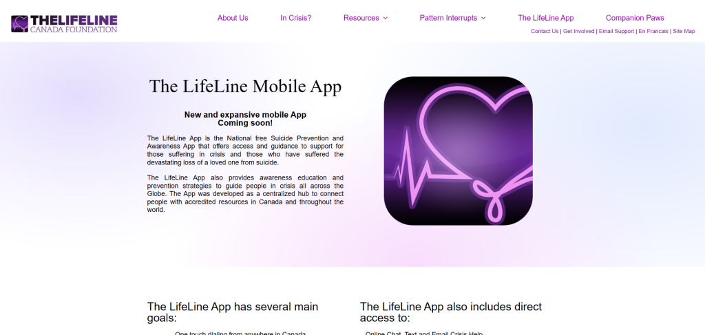 Screenshot of Lifeline Canada App website