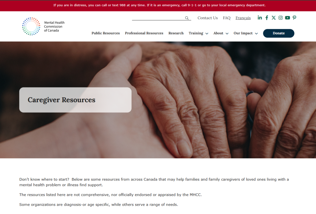 Screenshot of Mental Health commission of Canada website