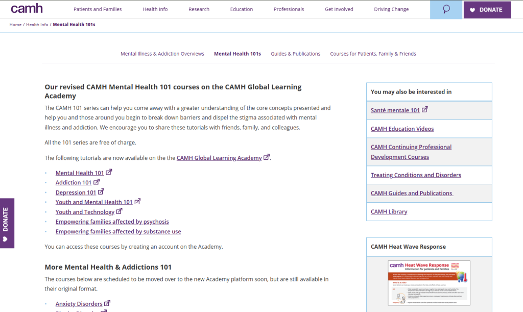 screenshot of the mental health 101 resource