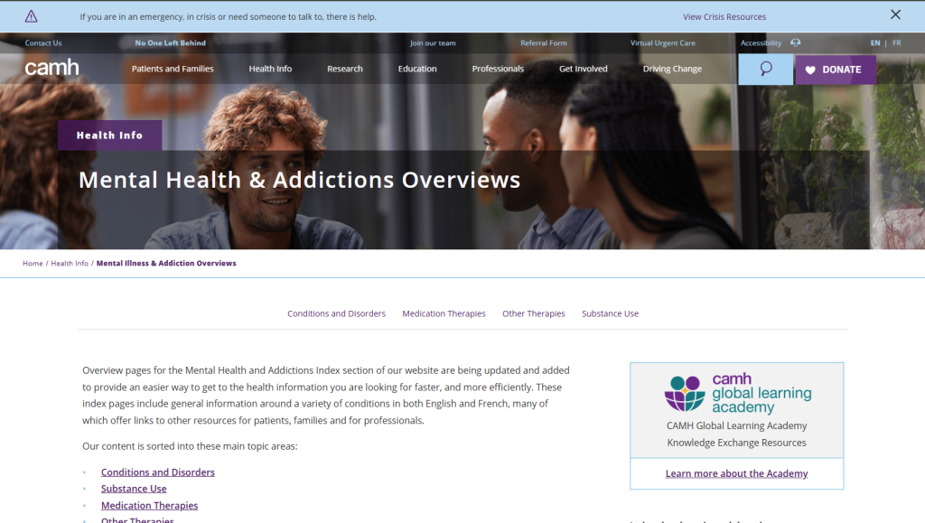 Screenshot of the resource page for mental illness and addiction.