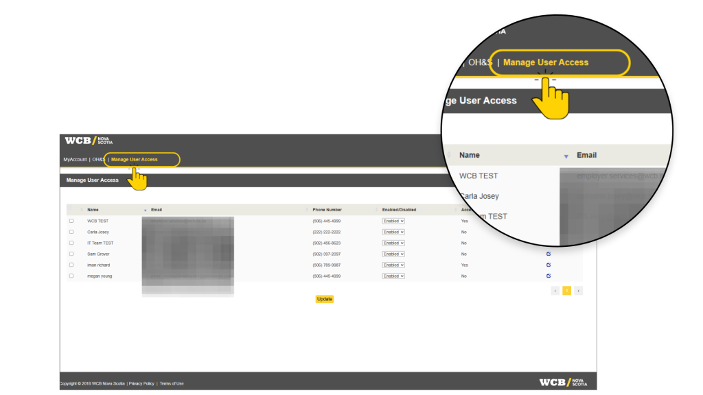 Screenshot of WCB user-management page for managing user access. Table lists users, blurred email details, phone numbers, enabled/disabled status, access verified values, action links, plus Create User and Update buttons.
