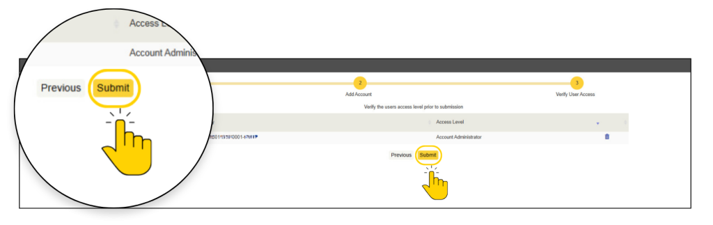 Screenshot of a Create User workflow showing three steps: Enter User Information, Add Account, and Verify User Access. A policy table with access-level options appears above Previous and highlighted Submit buttons, indicating final account submission.