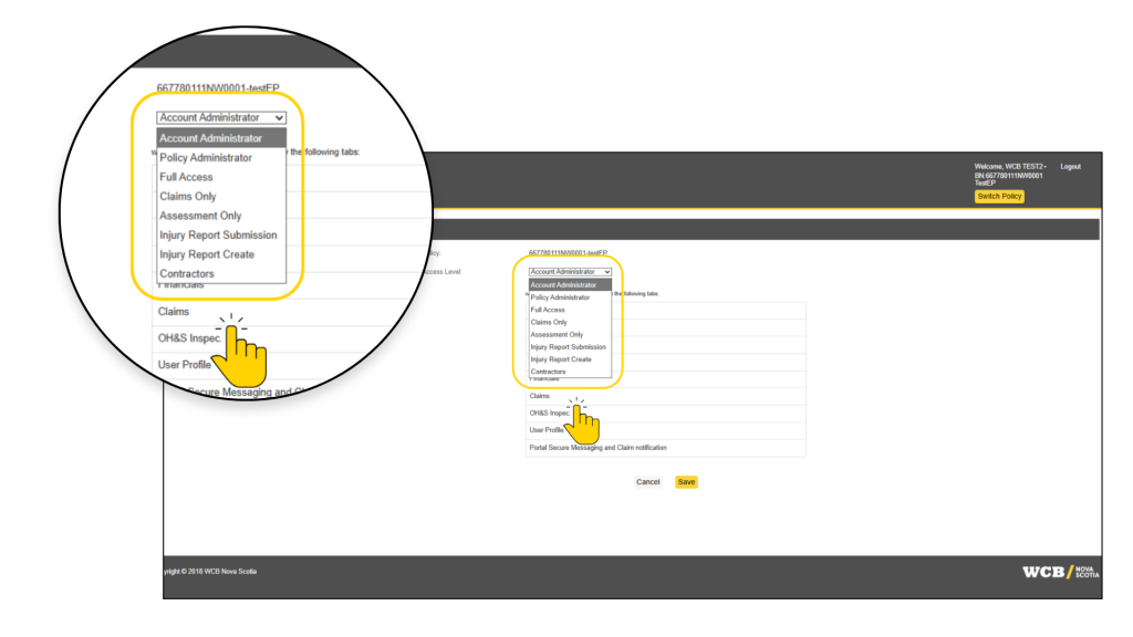 Screenshot of WCB policy-access administration webpage, showing Modify Policy Access form for selecting a policy and assigning an access level.