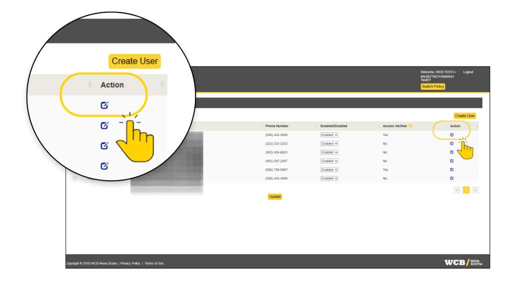 Screenshot of WCB user-management page for managing user access. Table lists users, blurred email details, phone numbers, enabled/disabled status, access verified values, action links, plus Create User and Update buttons.