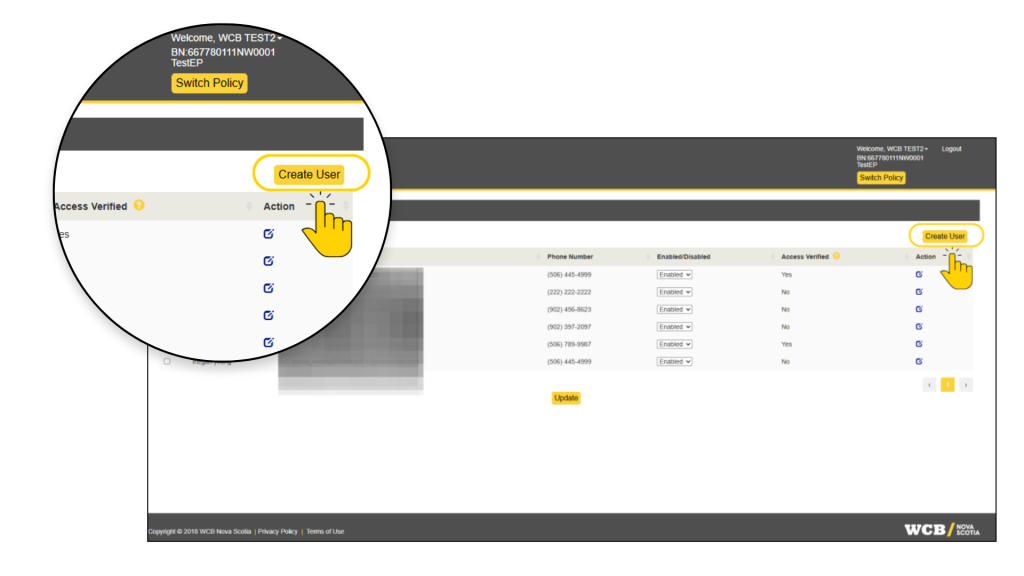 Screenshot of WCB user-management page for managing user access. Table lists users, blurred email details, phone numbers, enabled/disabled status, access verified values, action links, plus Create User and Update buttons.