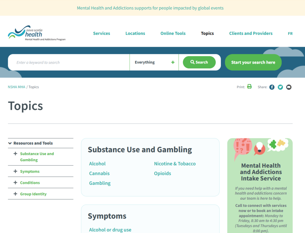 Screenshot of the NS health webpage for substance use