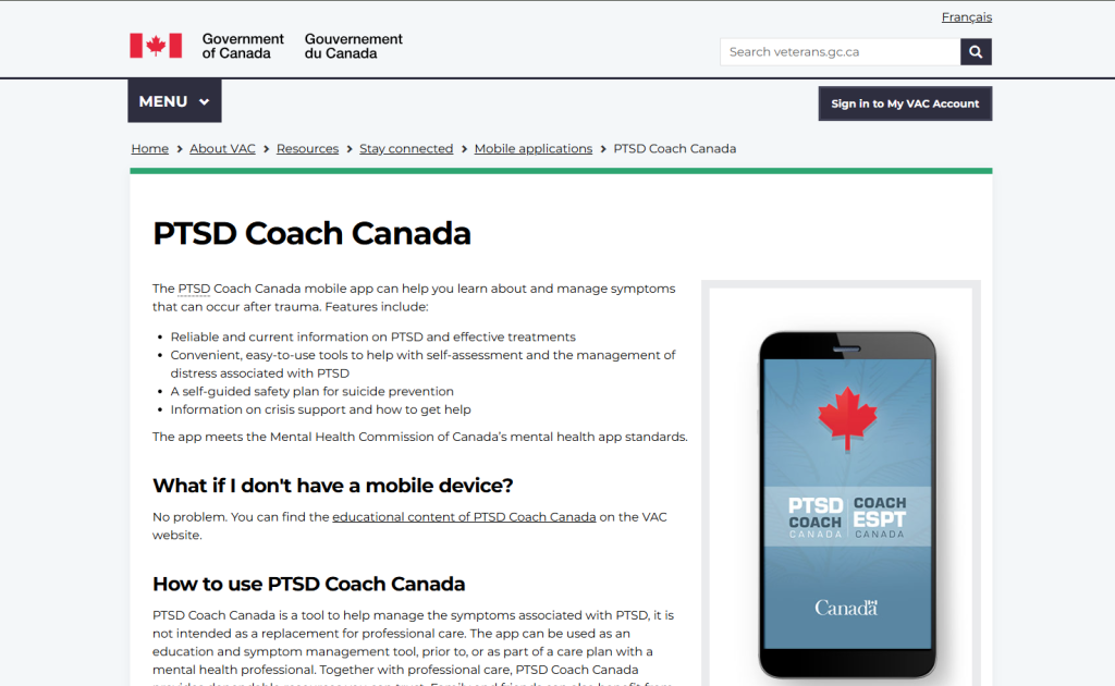 Screenshot of the PTSD coach Canada webpage