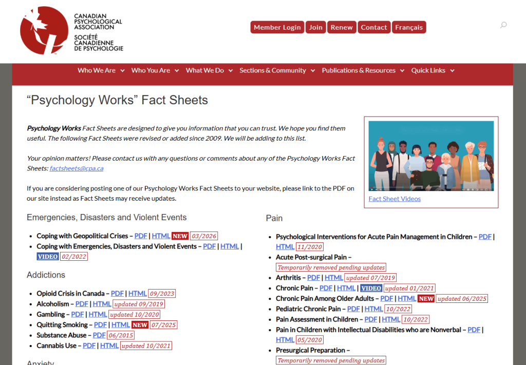 Screenshot of the psychology works factsheet