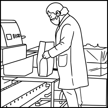 A person Standing at a desk wand wrapping a package with his head bend down.