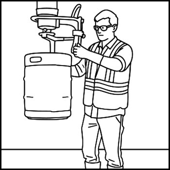 A worker wearing safety glasses, an orange reflective vest, gloves, and boots operating a mechanical lifting device to handle a large metal keg.