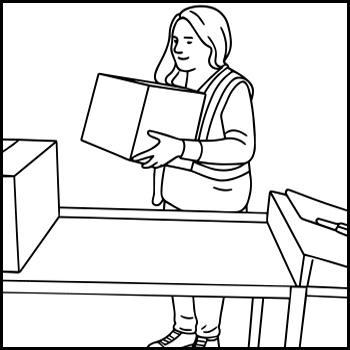 Image depicts a person standing at a table with a rectangular box in hands, which represents load lifting at waist level.