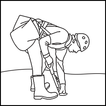 Illustration of a worker wearing safety gear, including a red helmet, yellow high-visibility vest, blue long-sleeve shirt, gloves, and black boots, bending down while holding a shovel. 