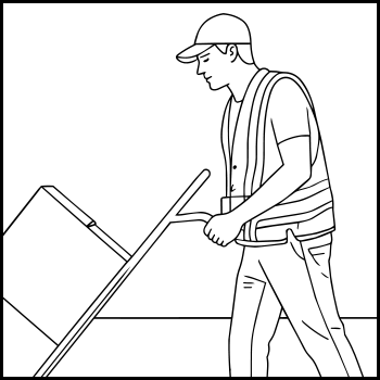 Illustration of a delivery worker pushing a hand truck loaded with two stacked boxes.