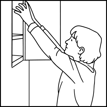 Illustration of a person reaching up to an open cabinet door
