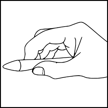 The hand is shown from the side with fingers curled around the pen, highlighting grip and finger placement.