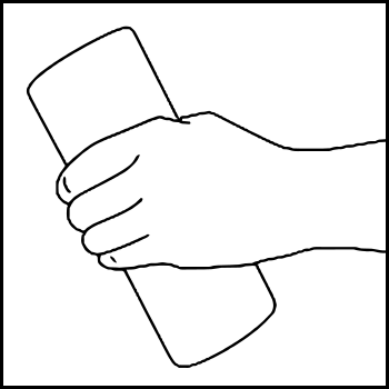 The hand is positioned horizontally with fingers wrapped around the object, highlighting grip technique.
