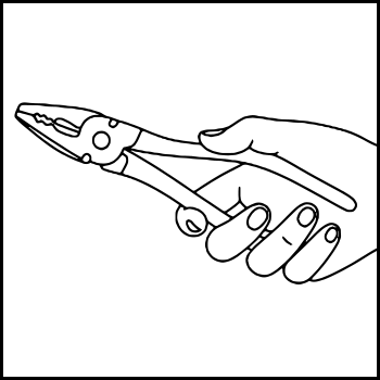 A hand holding a pair of blue-handled pliers.