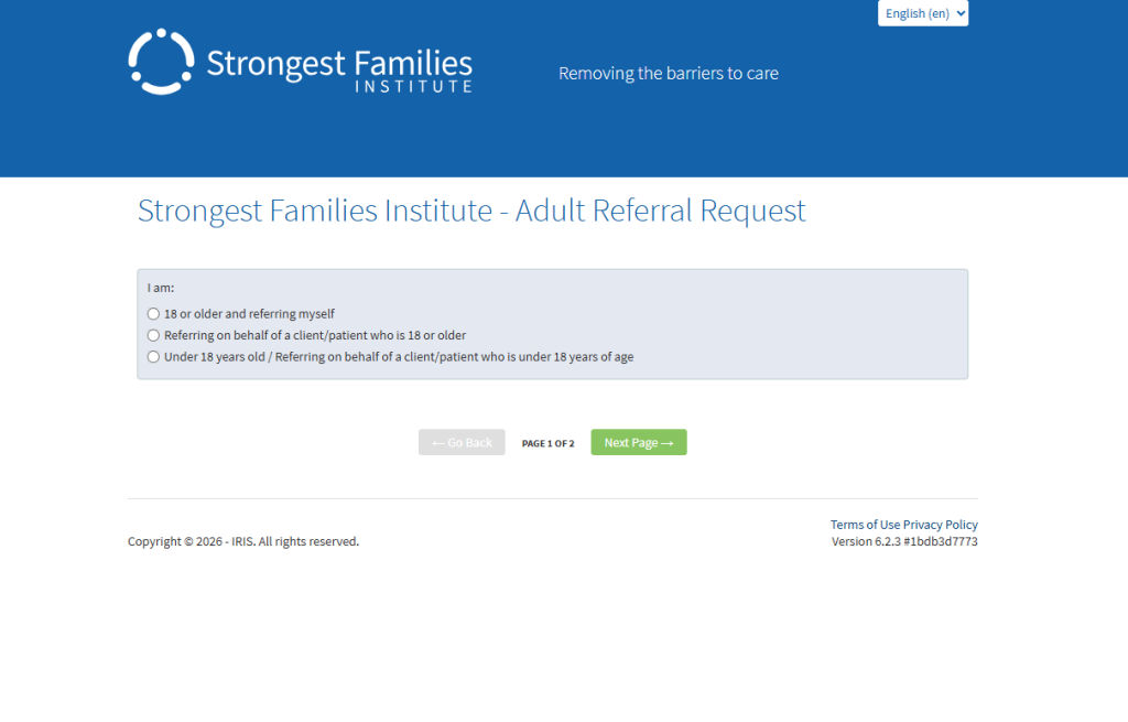Screenshot of the strongest families website assessment page.