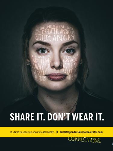 Mental-health awareness poster shows woman’s face overlaid with words expressing guilt, anger, sadness, family pressure, and emotional distress. Bold white text reads “SHARE IT. DON’T WEAR IT.