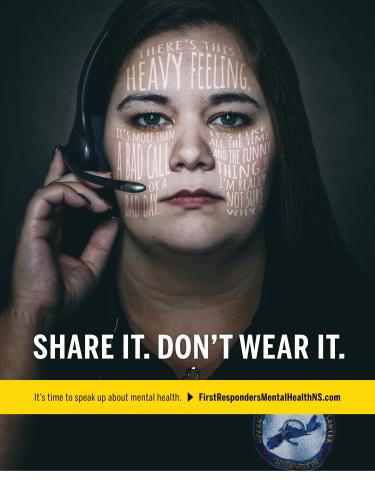 Mental-health awareness poster shows a woman wearing a headset, with phrases such as “HEAVY FEELING” and “RADICAL” projected across her face. Bold white slogan “SHARE IT. DON’T WEAR IT.