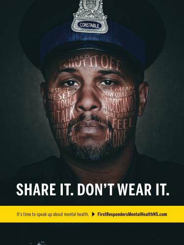 Close-up photograph of a police officer with text "Share It. Don't Wear It" in context to mental health.