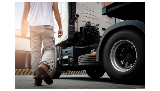 A person walking towards a parked truck.