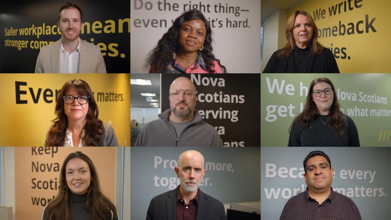 Collage of nine WCB employees talking to camera about their work in 2025