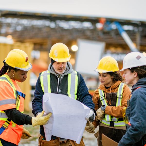 Construction workers with plan and hard hats