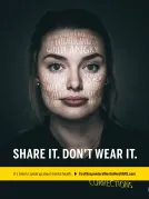 Mental-health awareness poster shows woman’s face overlaid with words expressing guilt, anger, sadness, family pressure, and emotional distress. Bold white text reads “SHARE IT. DON’T WEAR IT.