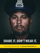 Close-up photograph of a police officer with text "Share It. Don't Wear It" in context to mental health.