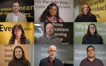 Headshot grid of 9 people who are featured in the video.