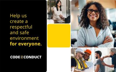 An image showing different representations of employees, workers, employers, and service providers, with the words Code of Conduct displayed.