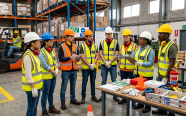Image representing workers in safety gear having a meeting.