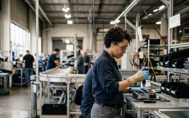 Photograph of a manufacturing facility showing workers assembling electronic components at workstations. 